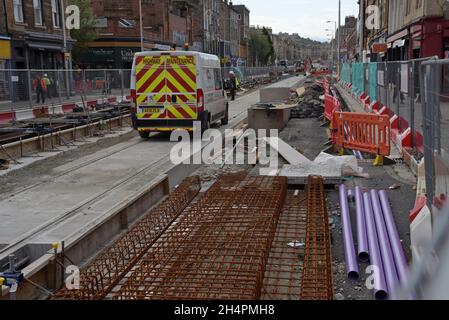 Work progressing on the Edinburgh tram network extension in Leith Walk, Edinburgh, Sept 2021 Stock Photo