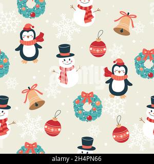 Christmas pattern with snowmans, penguins, bells and wreaths. Festive background with hand drawn elements, vector illustration Stock Vector