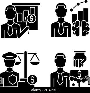 Finance literacy and law black glyph icons set on white space Stock Vector