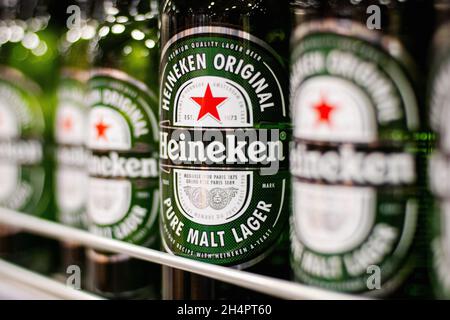 Bottles of Heineken Lager Beer on the supermarket shelf, Moscow, November 2021 Stock Photo