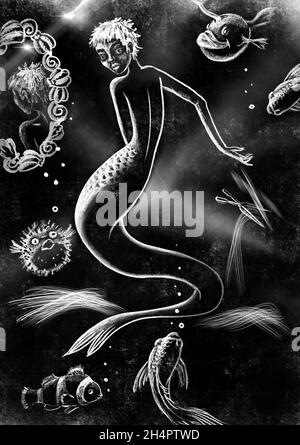 A cute cartoon character of a fairy-tale mermaid depicts her hair in front of a mirror made of shells, fish watch and help. Poster concept Stock Photo