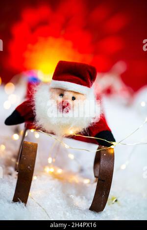 funny santa claus on sledge, merry christmas Stock Photo