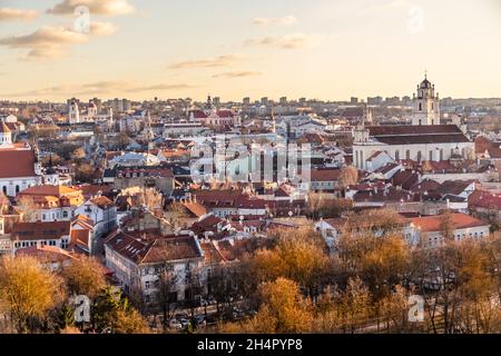 Old Vilnius town autumn panorama during the evening hours, Lithuania Stock Photo