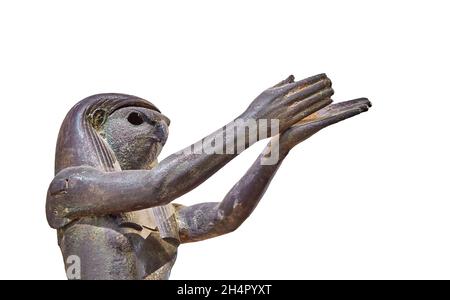 Ancient Egyptian bronze sculpture of god Horus, 1069-664 BC, . Louvre Museum inv E7703. Horus or Her, Heru, Hor, Har in Ancient Egyptian, is one of th Stock Photo
