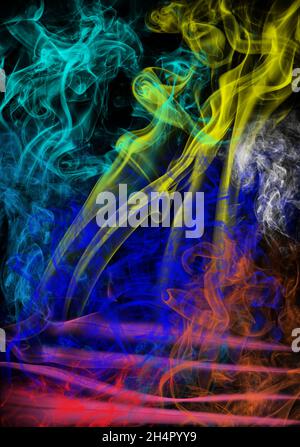 Digital artwork multi coloured colored smoke affect plumes vibrant unusual images for viewing pleasure with many uses in portrait or flip as required Stock Photo