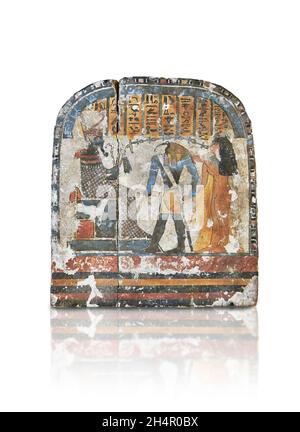 Ancient Egyptian stele the lady Nestarout led by the god Thoth before the god Atoum, circa 900 BC, 3rd Intermediate Period, painted wood. The Louvre M Stock Photo