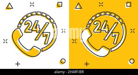 Phone service 24/7 icon in comic style. Telephone talk cartoon vector illustration on white isolated background. Hotline contact splash effect busines Stock Vector