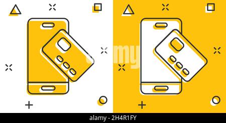 Smartphone paying icon in comic style. Nfc credit card cartoon vector illustration on white isolated background. Banking splash effect business concep Stock Vector