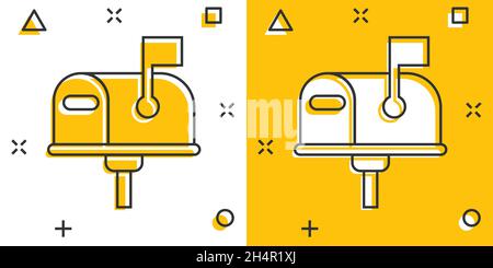 Mailbox icon in comic style. Postbox cartoon vector illustration on white isolated background. Email envelope splash effect business concept. Stock Vector