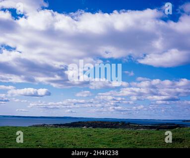 A view across fields and Wigtown Bay to Isle of Whithorn and Wigtown from near Kirkandrews  near Gatehouse of Fleet Dumfries and Galloway Scotland Stock Photo