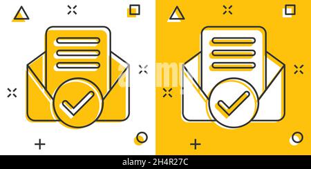 Envelope with confirmed document icon in comic style. Verify cartoon vector illustration on white isolated background. Receive splash effect business Stock Vector