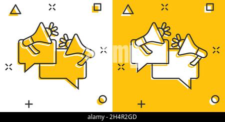 Speech bubble with megaphone icon in comic style. Dialogue box cartoon vector illustration on white isolated background. Bullhorn speaker splash effec Stock Vector