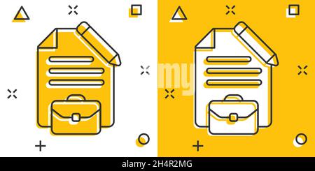 Document note with pen icon in comic style. Paper sheet pencil and briefcase cartoon vector illustration on white background. Notepad document splash Stock Vector