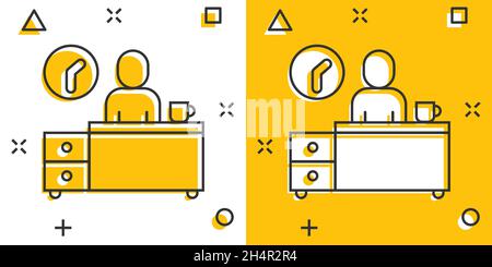 People with table lamp and clock icon in comic style. Coworking space cartoon vector illustration on white isolated background. Freelancer workplace s Stock Vector