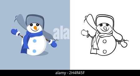 Vector set. Hand-drawn illustration and contour drawing of a cute snowman. Doodle style Stock Vector