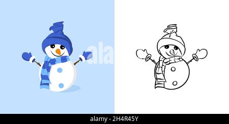 Vector set. Hand-drawn illustration and contour drawing of a cute snowman. Doodle style Stock Vector