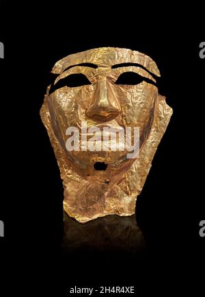 Ancient Egyptian gold death mask, 1550-1068 BC ,New Kingdom ,  Louvre Museum inv N2731 or AF129. Height: 26.5 cm; Width: 20.5 cm; Thickness: 0.01 cm. Stock Photo