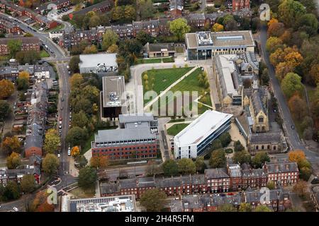 aerial view from the east of various faculties & departments of Leeds University including Law, Business School & Gryphon Sports Centre Stock Photo