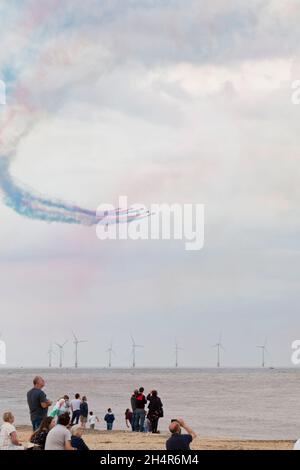 RAF Red Arrows display over Great Yarmouth beach at the resort's first Airshow in 2018. Stock Photo