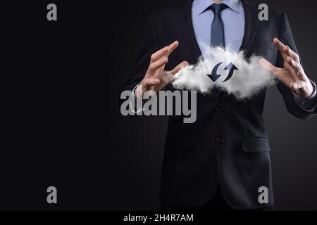 Cloud technology. Polygonal wireframe cloud storage sign with two arrows up and down on dark . Cloud computing, big data center, future infrastructure Stock Photo