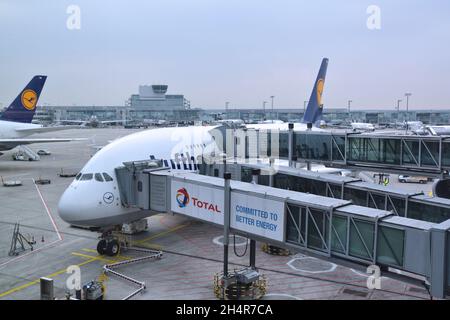 Frankfurt, Germany - March 17, 2017: Lufthansa Airbus A380 plane is being prepared for boarding of passengers flying to Miami at the airport in Frankf Stock Photo