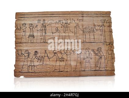 Ancient Egyptain papyrus depicting a building foundation ceremony, 1069-664 BC, 22nd dynasty. Louvre E3308.  A scene of divine worship to Sobek, Neith Stock Photo