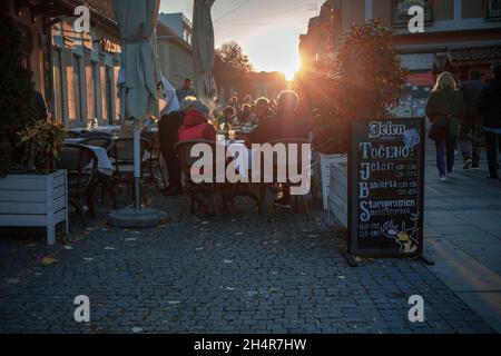 Belgrade, Serbia, Oct 31, 2021: View of Gospodska Street in Zemun at sunset Stock Photo