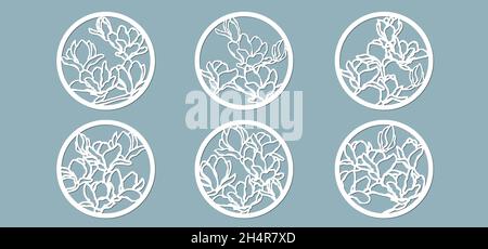 Magnolia buds in the circle. Laser cutting. Craft paper for decoration. Plotter, screen printing.. Stock Vector