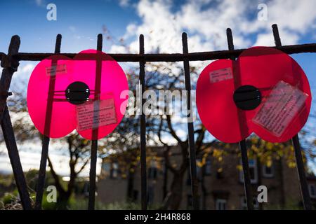 Poppy Day memorials at the war memorial in Shelf, West Yorkshire, England, UK. Remembrance Day (also known as Poppy Day owing to the tradition of wearing a remembrance poppy) is a memorial day observed in Commonwealth member states since the end of the First World War to honour armed forces members who have died in the line of duty. Following a tradition inaugurated by King George V in 1919,the day is also marked by war remembrances in many non-Commonwealth countries. In most countries, Remembrance Day is observed on 11 November to recall the end of First World War hostilities. Stock Photo