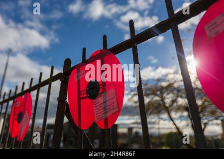 Poppy Day memorials at the war memorial in Shelf, West Yorkshire, England, UK. Remembrance Day (also known as Poppy Day owing to the tradition of wearing a remembrance poppy) is a memorial day observed in Commonwealth member states since the end of the First World War to honour armed forces members who have died in the line of duty. Following a tradition inaugurated by King George V in 1919,the day is also marked by war remembrances in many non-Commonwealth countries. In most countries, Remembrance Day is observed on 11 November to recall the end of First World War hostilities. Stock Photo