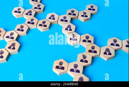 Chains of connected people. Cooperation in solving tasks. Assistance and collaboration. Unity. Networking. Social connections. Build working relations Stock Photo