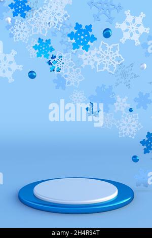 Abstract blue white festive 3D podium with Christmas snowflakes. Creative winter mock up for New Year holiday, promo, party, event design. Stock Photo