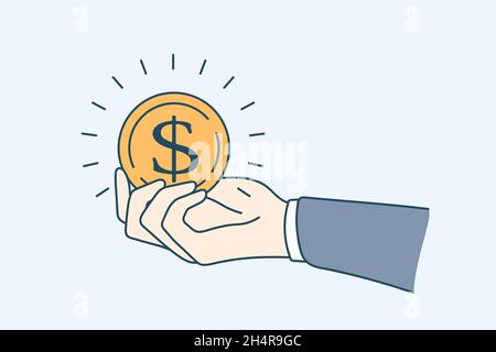 Wealth and financial stability concept. Hand of businessman in suit holding huge golden coin over blue background vector illustration  Stock Vector