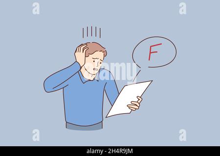 Having bad mark in education concept. Young stressed student standing touching head feeling unhappy having bad mark in exam vector illustration  Stock Vector