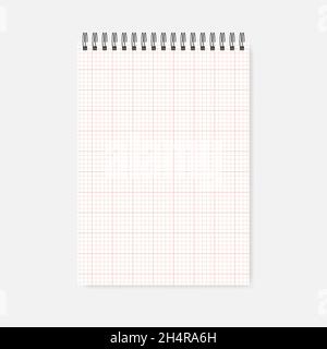 Top spiral grid lined notebook, realistic mock-up. Wire bound cross section squared paper notepad template. A4 note book, mockup Stock Vector