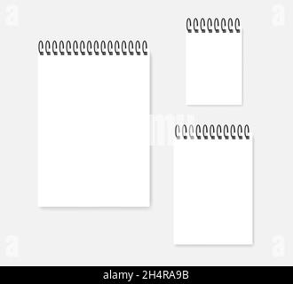 White paper sheet with spiral, vector mock-up set. A4, A5, A6 sizes. Blank ring bound vertical calendar, realistic mockup Stock Vector