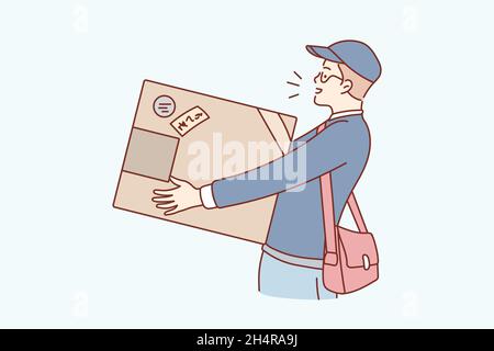 Parcel and post delivery concept. Young man in cap going holding huge box parcel delivering post feeling positive vector illustration Stock Vector