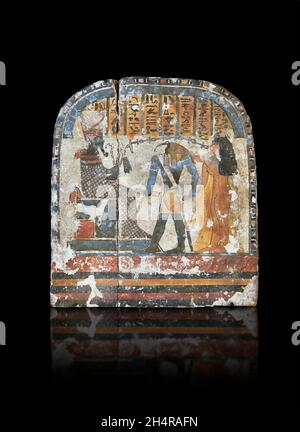 Ancient Egyptian stele the lady Nestarout led by the god Thoth before the god Atoum, circa 900 BC, 3rd Intermediate Period, painted wood. The Louvre M Stock Photo