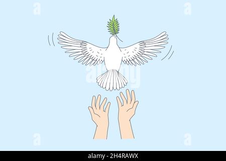 Freedom and releasing good news concept. Human hands letting white pigeon with green leaf in beak go over blue sky background vector illustration  Stock Vector