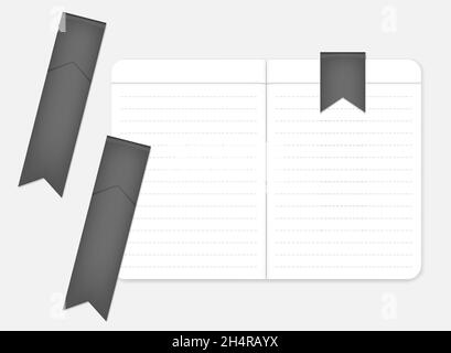 Flag shaped gray paper clip bookmark, vector mock-up. Folded ribbon notebook page divider, mockup Stock Vector
