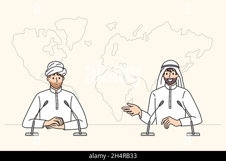 Press conference of arab businessmen concept. Two islam men partners businessmen sitting talking having press conference vector illustration  Stock Vector
