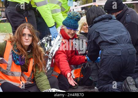 London, UK. 4th November 2021. A protester holds out a bruised hand after police officers unstuck it from the road. Insulate Britain protesters glued themselves to the road and blocked Parliament Square. The protesters are demanding that the government insulates all social housing by 2025, and takes responsibility for ensuring that all homes in the UK are more energy-efficient by 2030, as part of wider climate change and decarbonization targets. Credit: Vuk Valcic / Alamy Live News Stock Photo