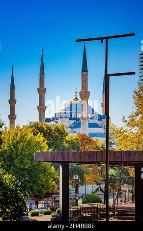 ISTANBUL, TURKEY. SEPTEMBER 26, 2021. Street view of the city Hagia Sophia mosque on the background. Daylight Stock Photo