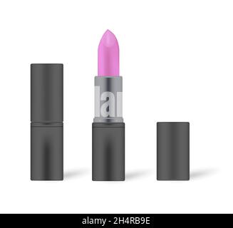 Fuchsia color lipstick in black tube, mock-up. Open and closed. Lip rouge isolated on white background, vector illustration Stock Vector