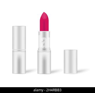 Crimson red lipstick in silver tube, mockup. Open and closed. Lip rouge isolated on white background, vector illustration Stock Vector
