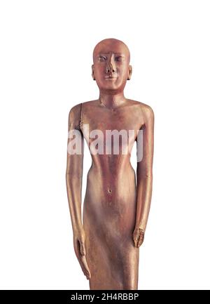Egyptian wood statue  sculpture of a priest, 380-343 BC, late Egyptian  . Louvre Museum E 122 or AF32. Man standing, shaved head, arms forward, smooth Stock Photo