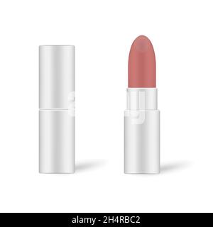 Red lipstick in silver tube. Open and closed. Lip rouge isolated on white background, vector illustration Stock Vector