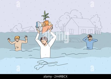 Flood and damaged estate concept. Group of unhappy stressed people walking through flood with pieces of belongings feeling panic vector illustration  Stock Vector