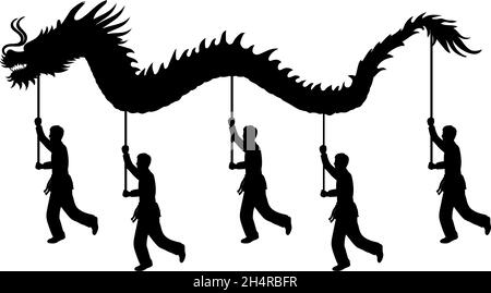 Silhouette of people performing dragon dance for Chinese New Year. Stock Vector
