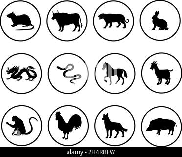 Silhouettes of animals for the horoscope signs of the zodiac. Chinese calendar. Stock Vector